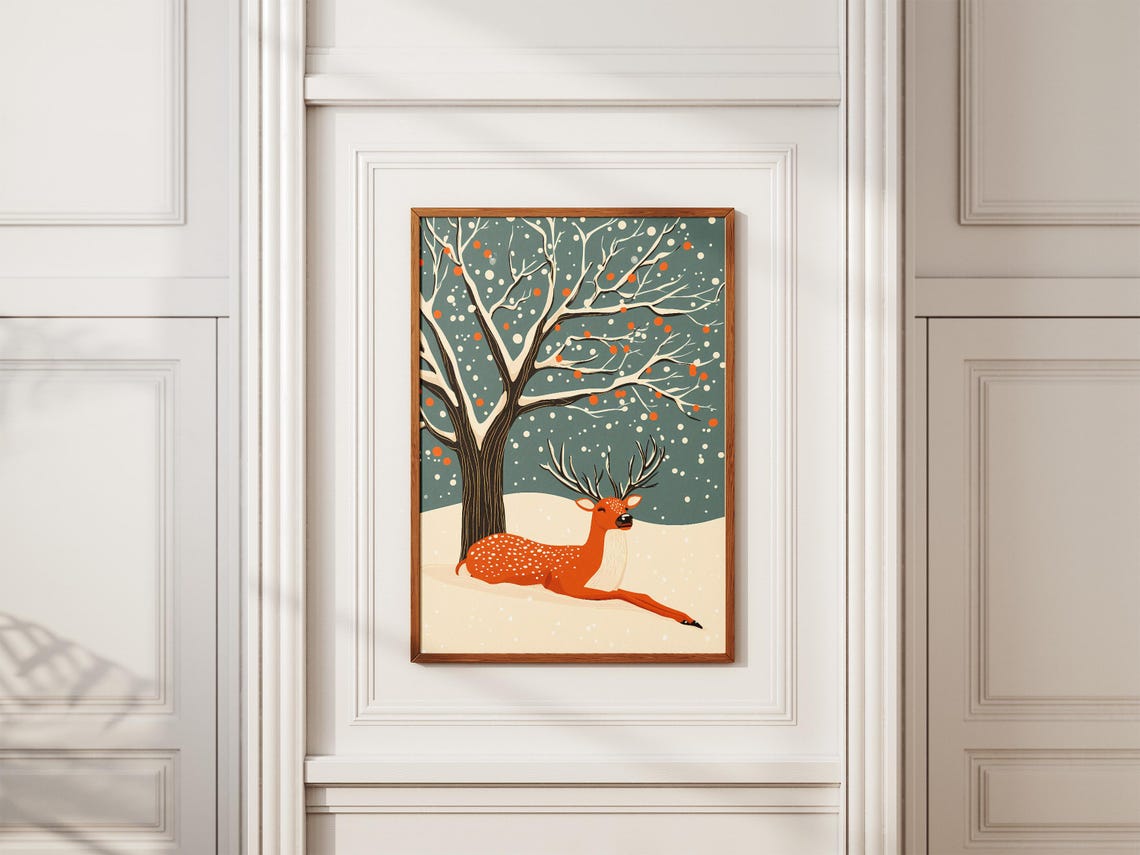 Resting Spotted Deer Under Snowy Tree Berries Winter Night Poster - Image 2