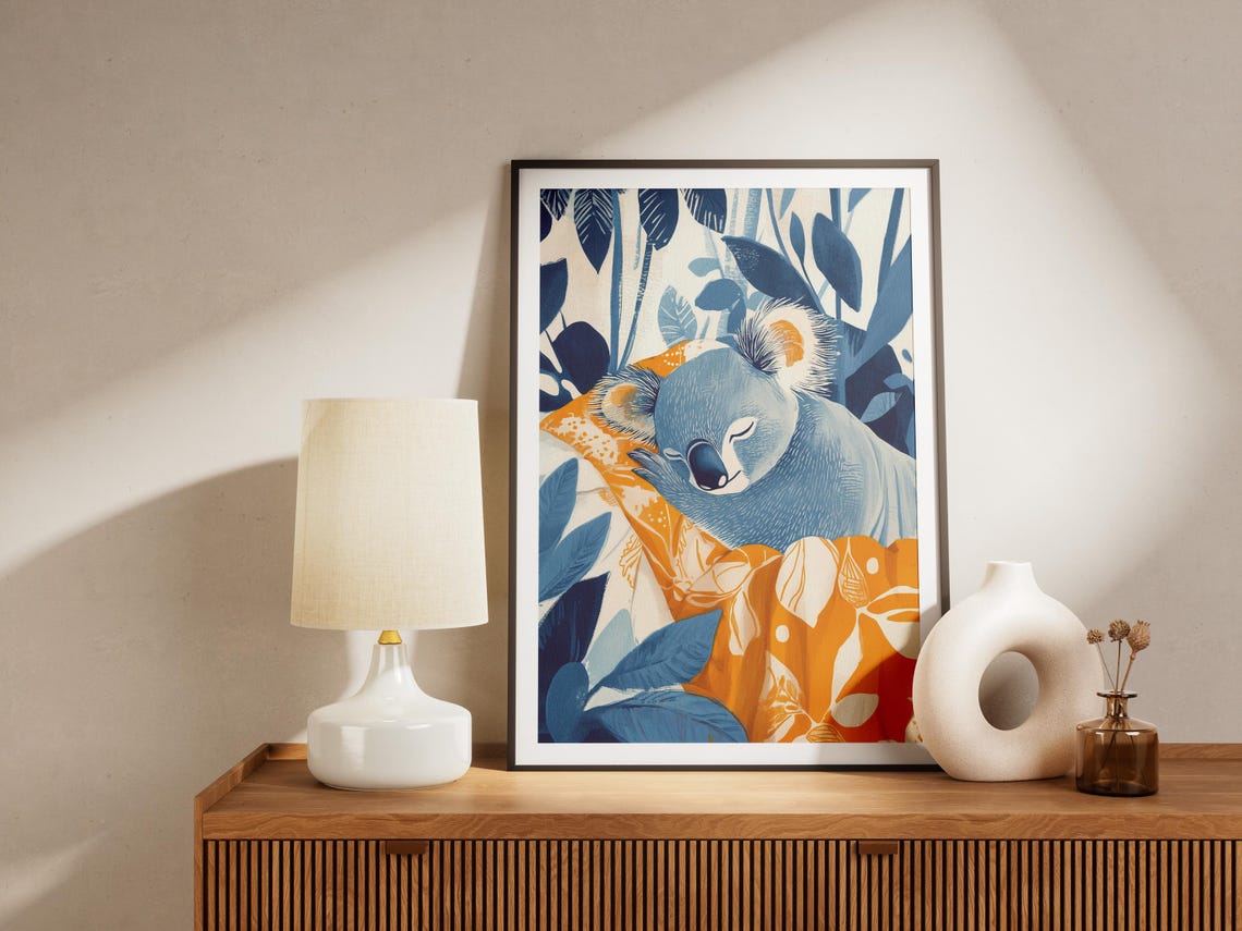 Sleeping Koala On Orange Blanket Among Blue Foliage Cozy Wall Art - Image 4