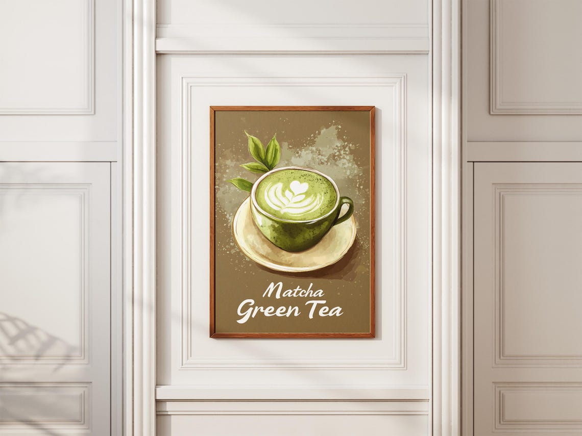 Matcha Green Tea Latte Leaf Latte Art Ceramic Cup Illustration Poster - Image 2