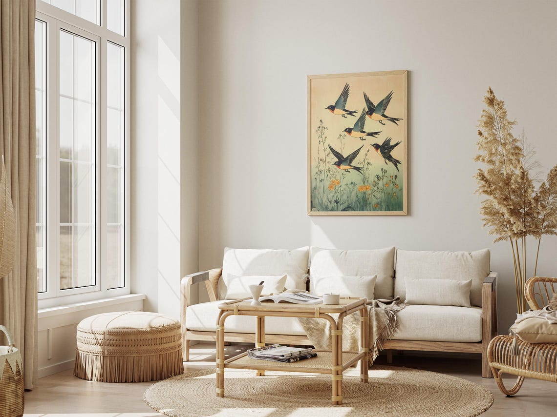 Five Barn Swallows Flying Over Wildflower Meadow Vintage Poster - Image 4