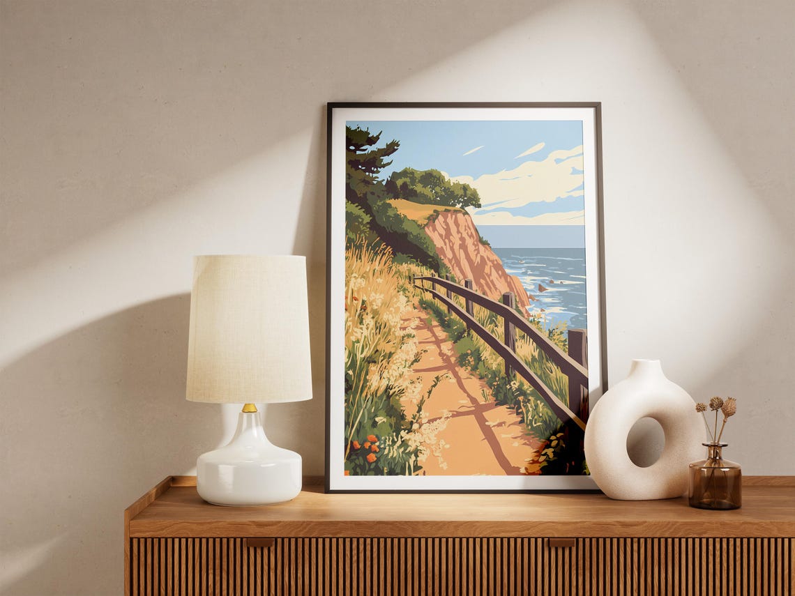 Cliffside Path Along Ocean Overlook Coastal Trail Illustration Poster - Image 5