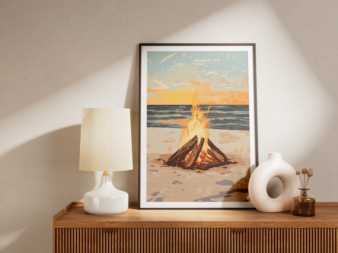 Beach Bonfire at Sunset Warm Ocean Evening Illustration Poster - Image 5