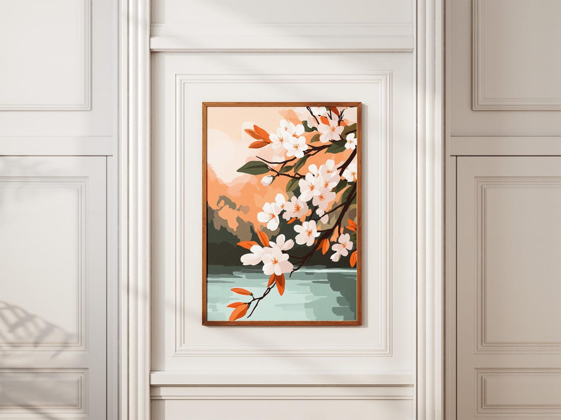 White Cherry Blossoms Hanging Over Calm Water at Dusk Floral Poster - Image 2