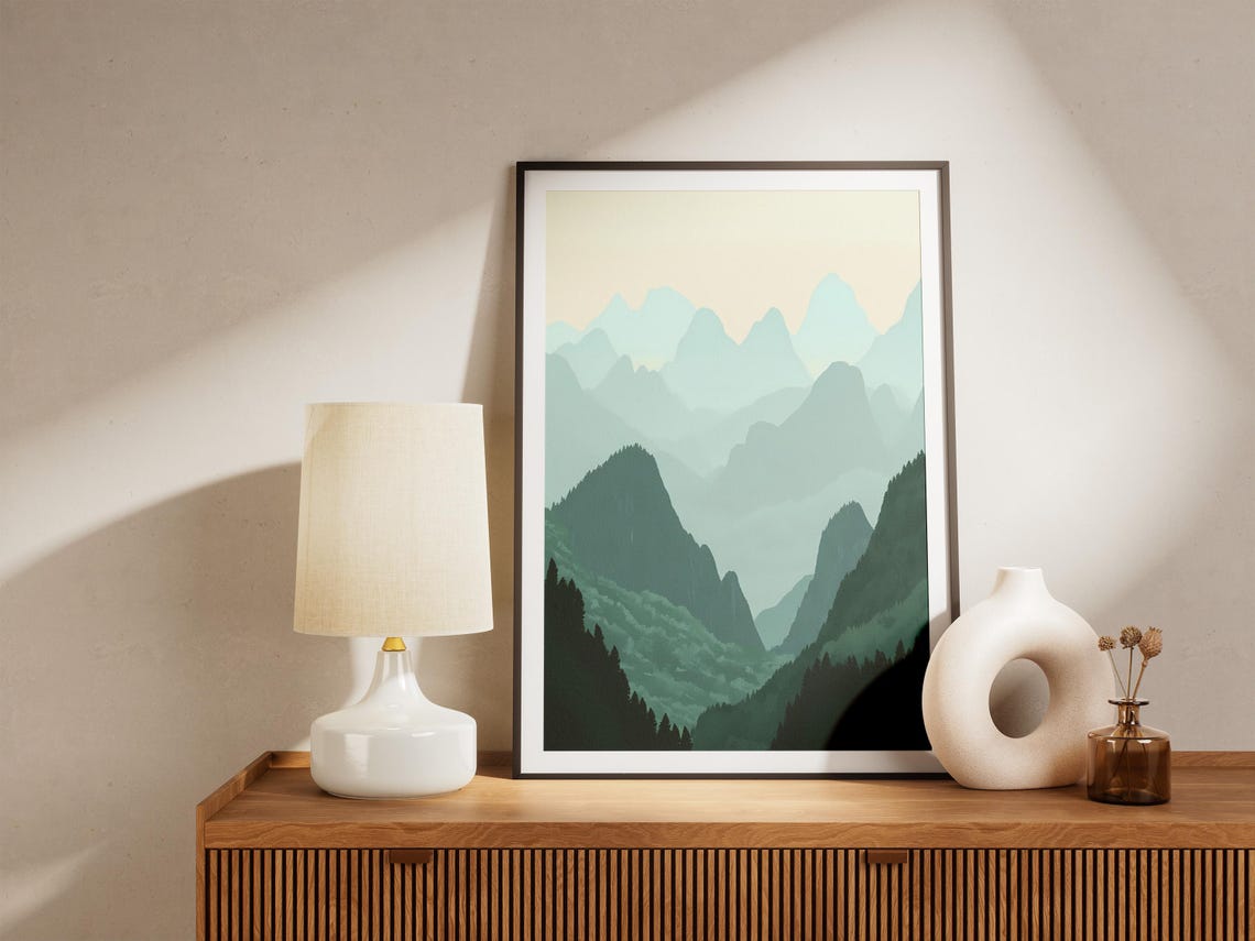 Layered Misty Mountain Peaks Minimalist Sage Green Nature Poster - Image 5
