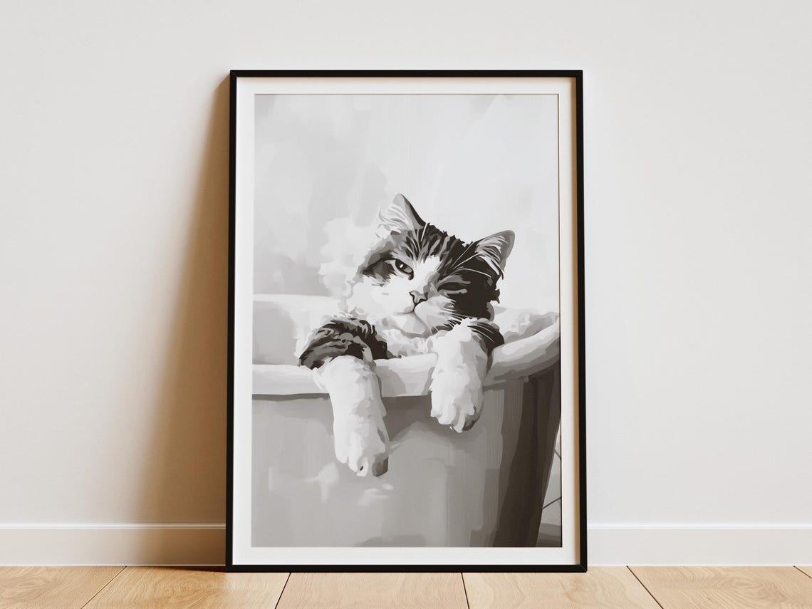 Turkish Van Cat Bathtub Bubble Bath Poster Black And White Pet Portrait Print Funny Art Modern Home Decor Bathroom Wall