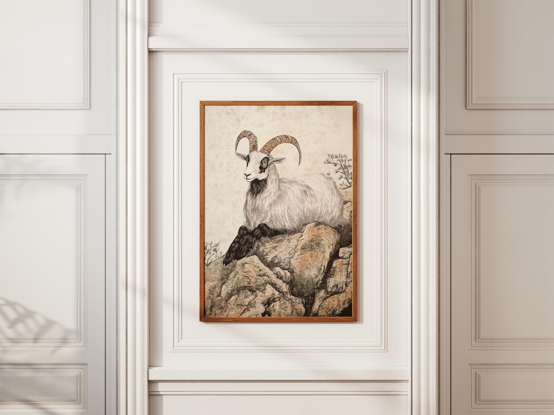 Mountain Goat on Rocky Cliff Traditional Chinese Ink Wash Art Poster - Image 2