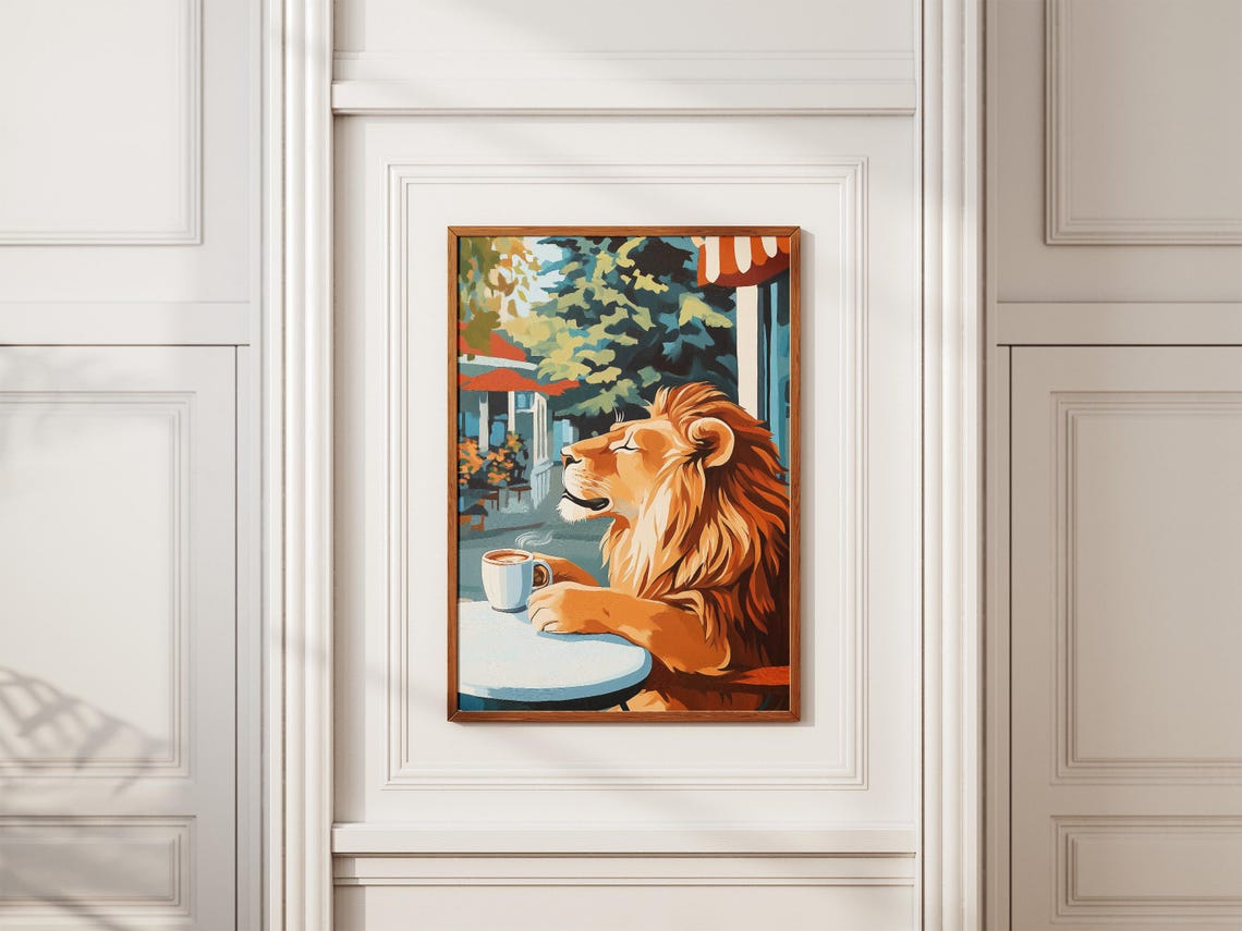 Lion Cafe Poster Coffee Lover Art Print Animal In Wall Drinking Cozy Whimsical - Image 2