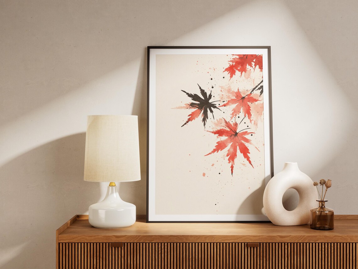 Red Japanese Maple Leaves Sumi E Ink Watercolor Botanical Art Poster - Image 4