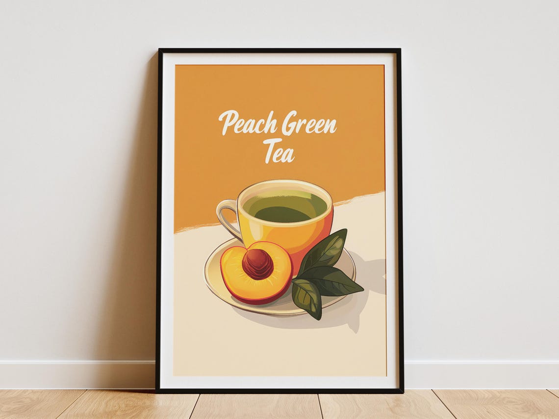 Peach Green Tea Hot Fruit Tea Cup Yellow Kitchen Illustration Poster