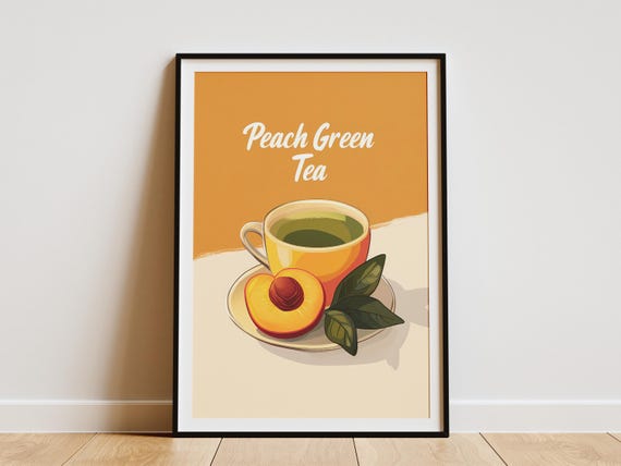 Peach Green Tea Drink Poster Flat Illustration Minimalist Tea Print Green Tea Lover Gift Kitchen Wall Art Modern Food Illustration Peach
