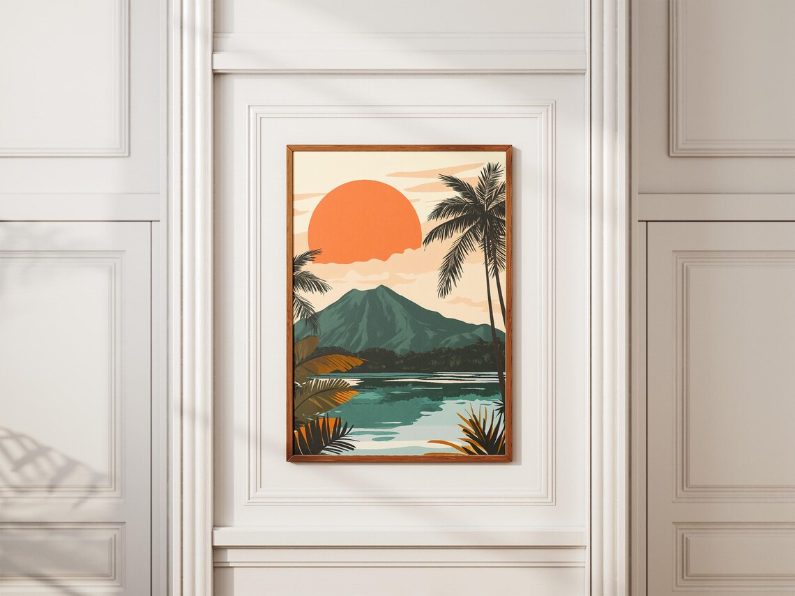 Lombok Island Indonesia Sunset Volcano Palm Lagoon Travel Poster - Image 2