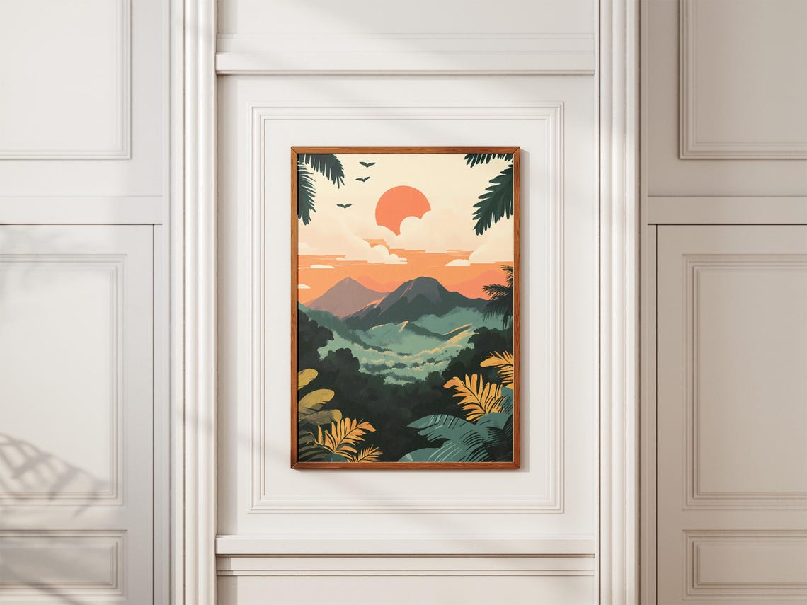 Indonesia Jungle Volcanoes Coral Sun Canopy Retro Travel Poster - Image 2