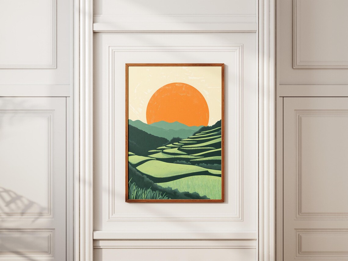 Sunset Over Green Terraced Rice Fields Giant Orange Sun Poster - Image 2
