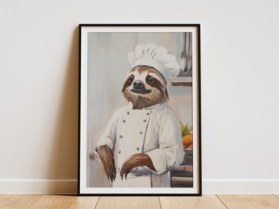 Chef Sloth Print Kitchen Art Whimsical Animal Funny Poster Quirky Decor Cafe Restaurant