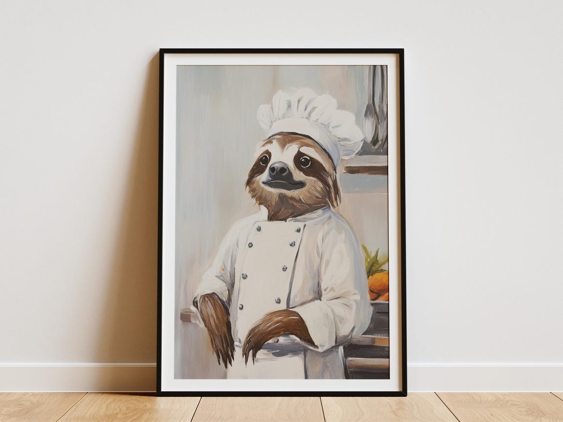 Chef Sloth Print Kitchen Art Whimsical Animal Funny Poster Quirky Decor Cafe Restaurant
