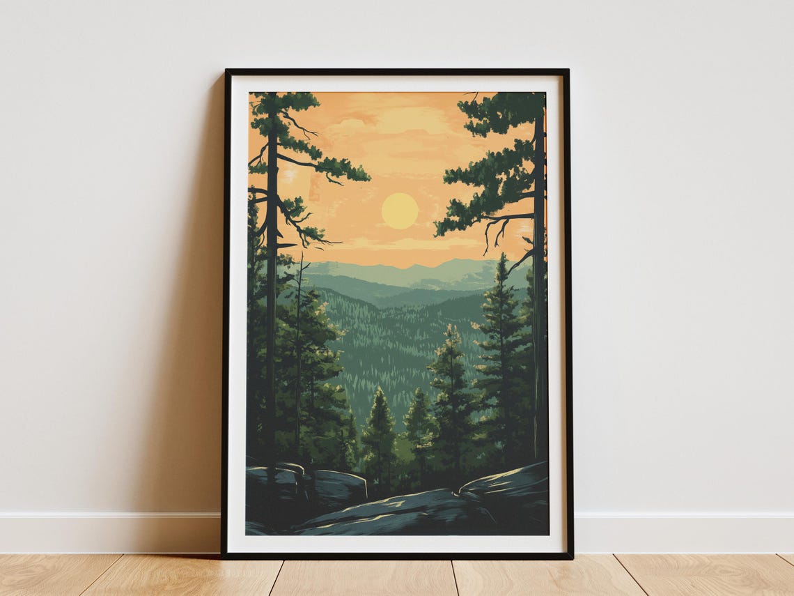 Arkansas Ozark Sunset Mountain Pine Forest Vintage Travel Art Poster
