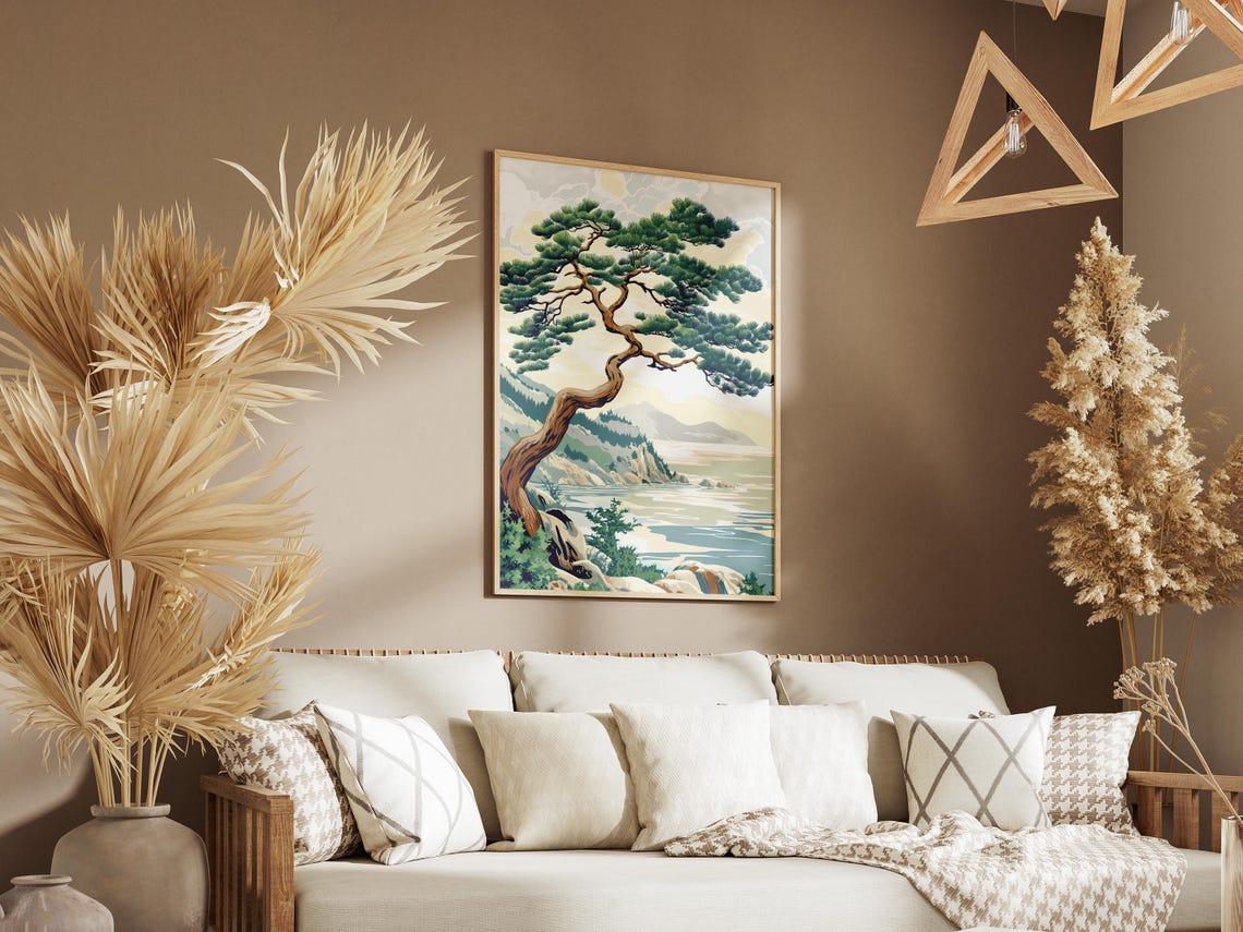 Windswept Coastal Pine Tree Over Ocean View Japanese Art Poster - Image 3
