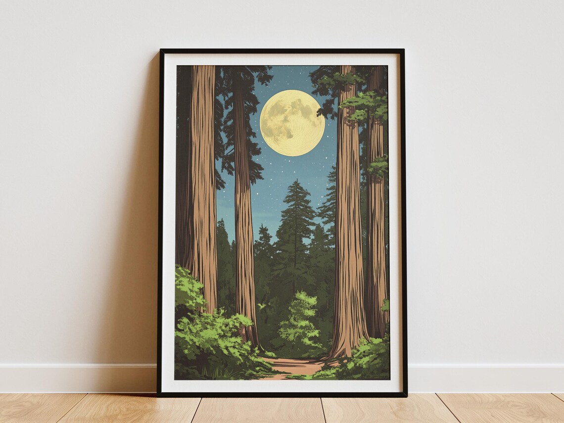 Redwood National Park Giant Trees Moonlight Vintage Travel Decor Poster