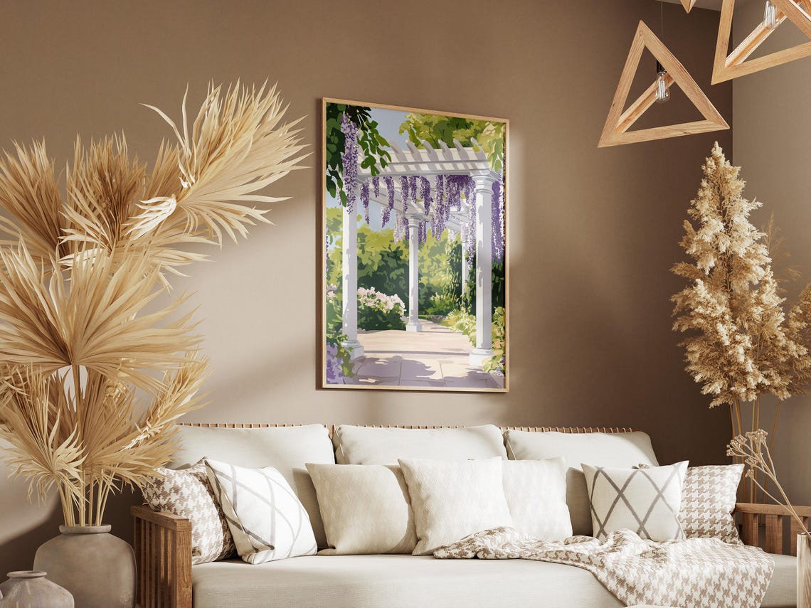 Purple Wisteria Cascading Over a White Garden Pergola Poster - Image 3