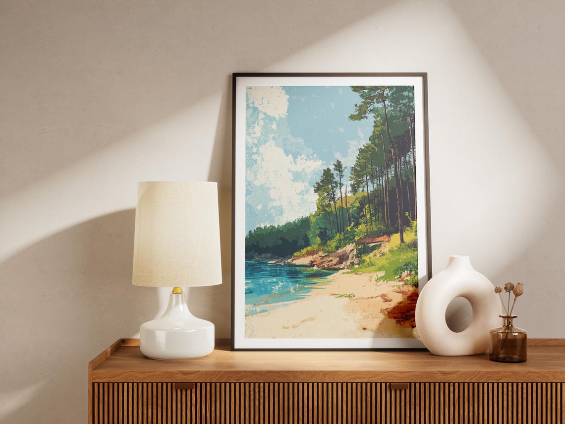 Sandy Beach Cove with Turquoise Water Pine Forest Art Poster - Image 4
