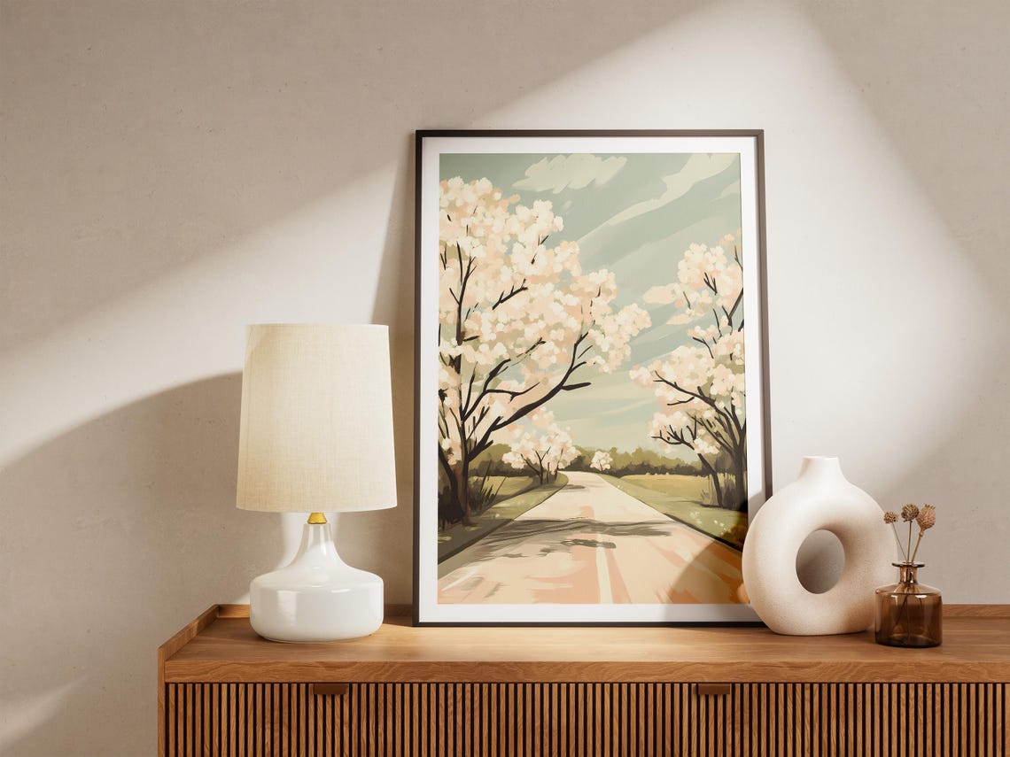 Sunlit Country Road Lined With Blooming White Blossom Trees Poster - Image 5