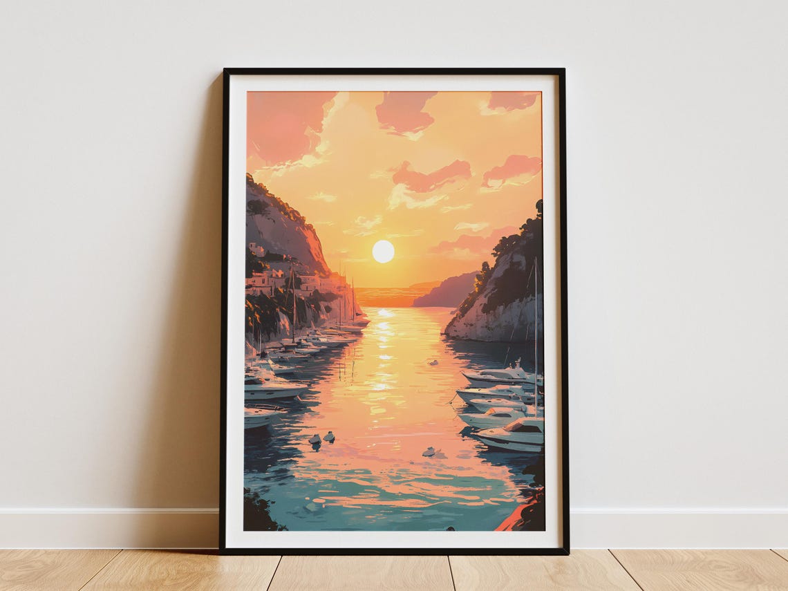 Sunset Harbor With Yachts Between Rocky Cliffs Orange Sky Poster
