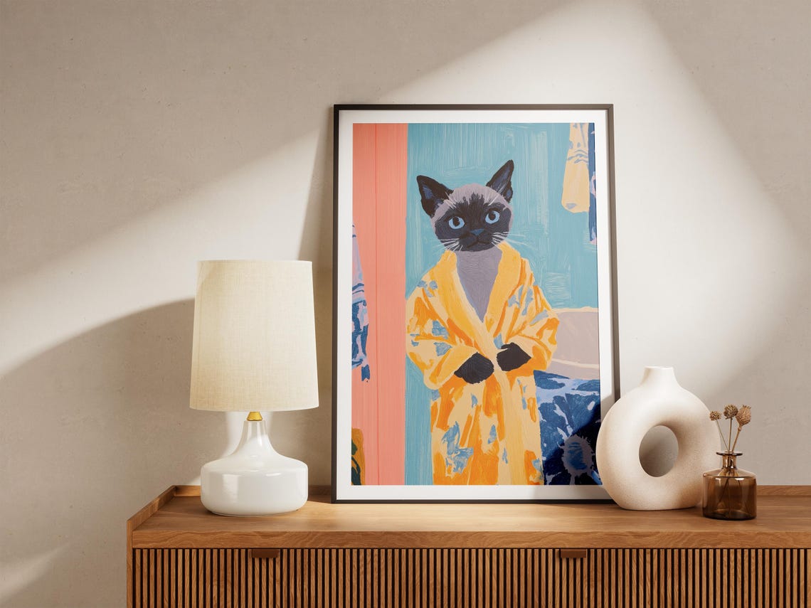 Siamese Kitten in Yellow Bathrobe Cute Cat Bathroom Wall Poster - Image 4