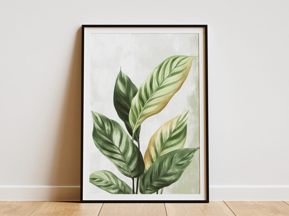 Calathea Prayer Plant Leaves Soft Green Watercolor Botanical Print