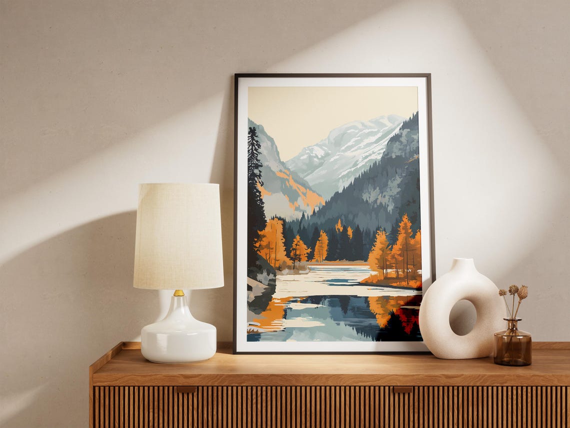 Alpine Mountain Lake Autumn Scene with Golden Larches Art Poster - Image 5