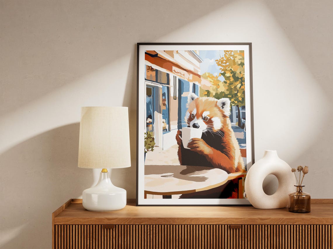 Red Panda Holding A Coffee Mug At An Autumn Cafe Terrace Poster - Image 4