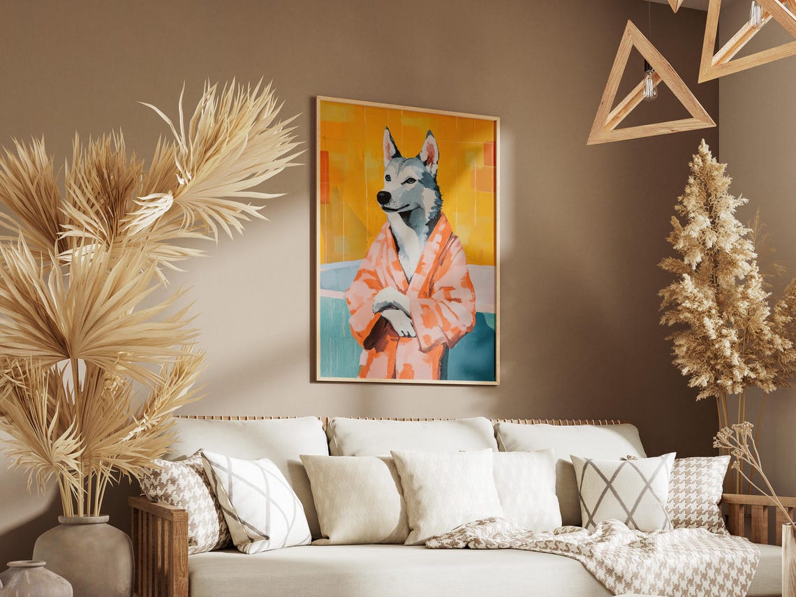 Handsome Husky In Orange Plaid Bathrobe Cozy Vintage Dog Poster - Image 3