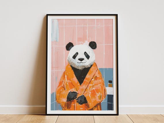 Panda In Bathrobe Painting Bathroom Poster Cute Animal Art Print Modern Home Decor Funny Whimsical Wall Unique Gift