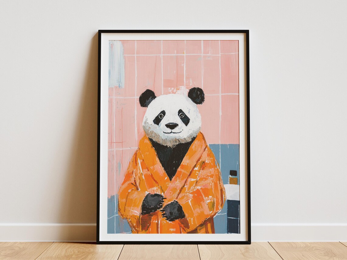 Panda in an Orange Bathrobe Bathroom Funny Animal Art Poster