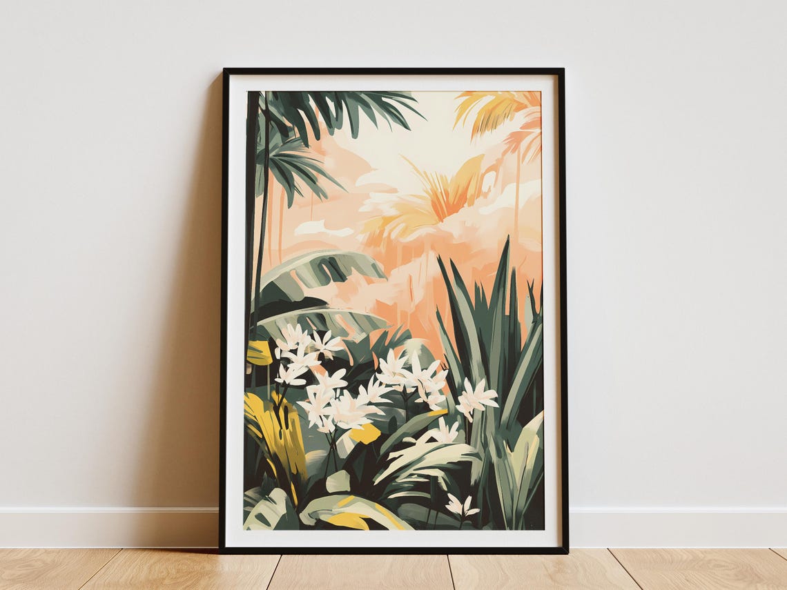 Tropical Palm Leaves And White Flowers Sunset Botanical Poster