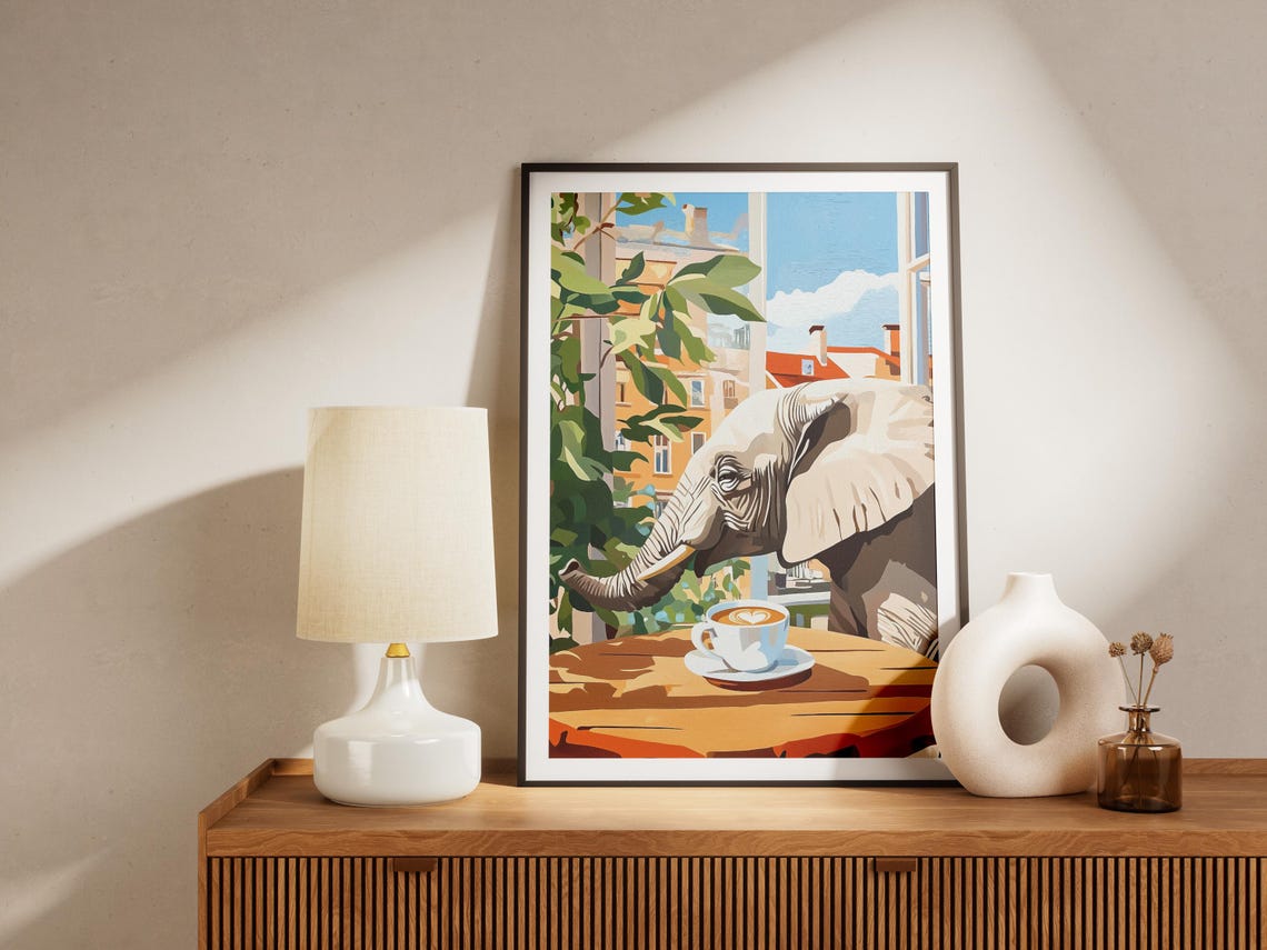 Elephant Leaning Over Coffee Cup at Sunny Cafe Window Poster - Image 4