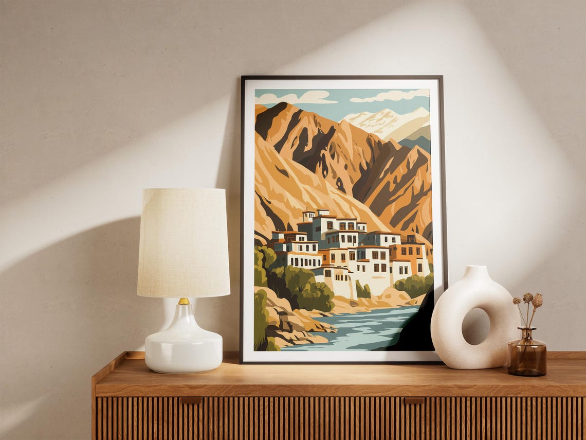 Ladakh India Himalayan Village by Turquoise River Mountain Poster - Image 5