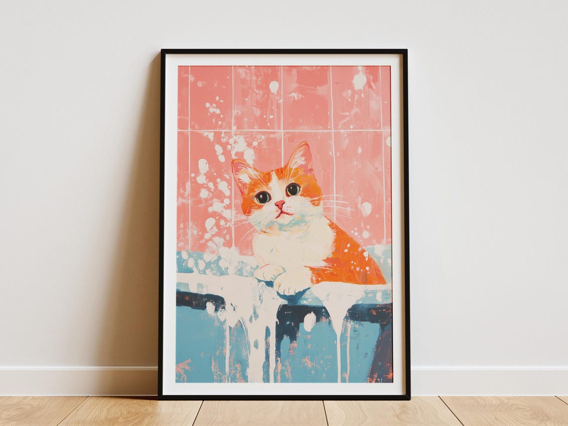 Orange White Cat in Bubble Bath Pink Bathroom Funny Cat Poster