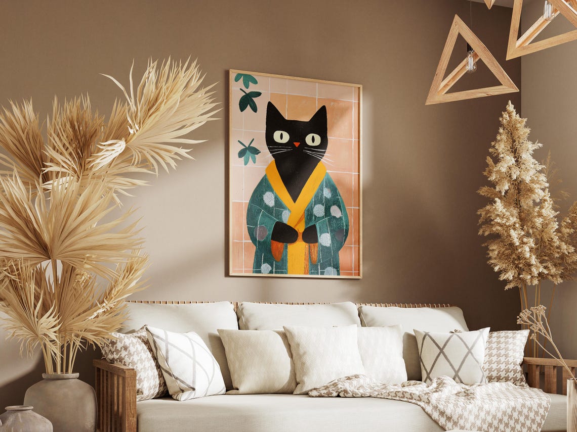 Black Cat Green Kimono Minimalist Folk Style Bathroom Poster - Image 3