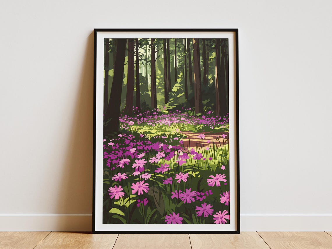 Pink Wildflowers in a Sunlit Pine Forest Clearing Poster in Spring