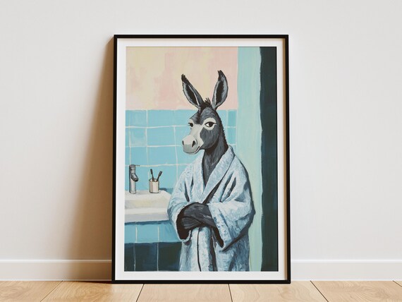 Donkey In Bathrobe Bathroom Painting Art Print Poster Modern Animal Home Decor Funny Animal Print Wall Art Blue Gray