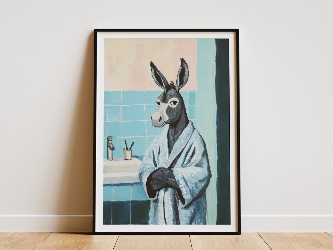 Donkey in Blue Bathrobe Funny Bathroom Animal Portrait Poster