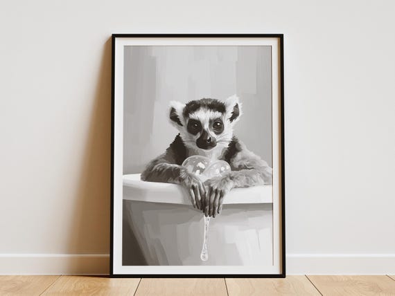 Lemur Bathtub Bubble Bath Poster Print Minimalist Animal Art Bathroom Wall Decor Black And White Illustration Funny