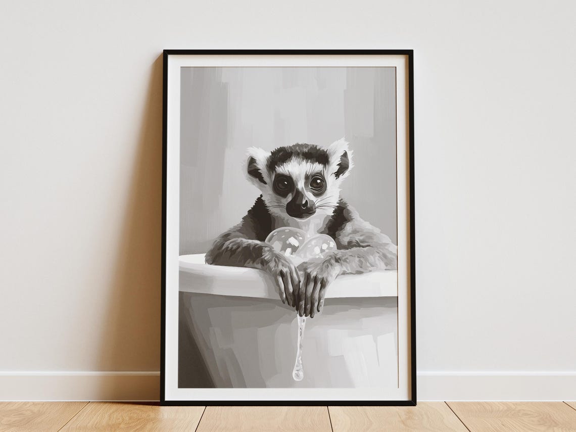 Lemur In Bathtub Poster Bubble Bath Cute Animal Bathroom Wall Decor