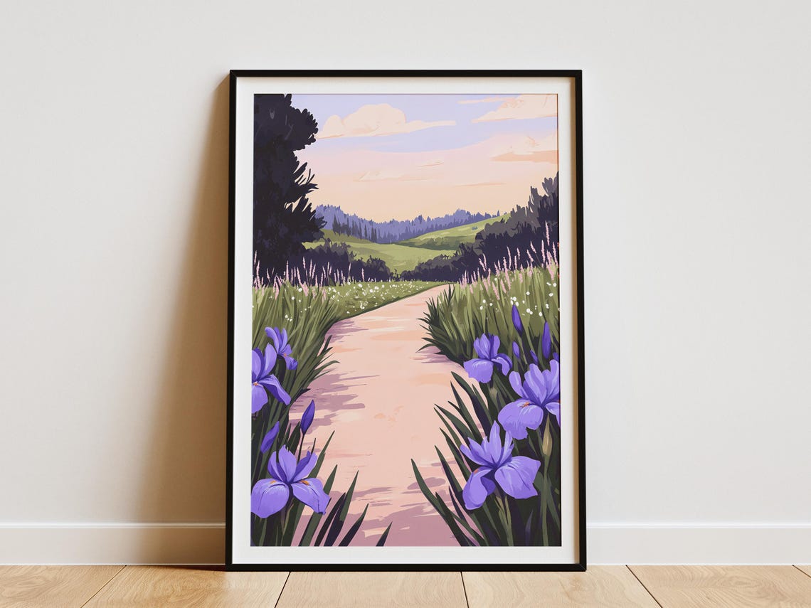 Purple Irises Lining Country Road At Sunset Serene View Poster