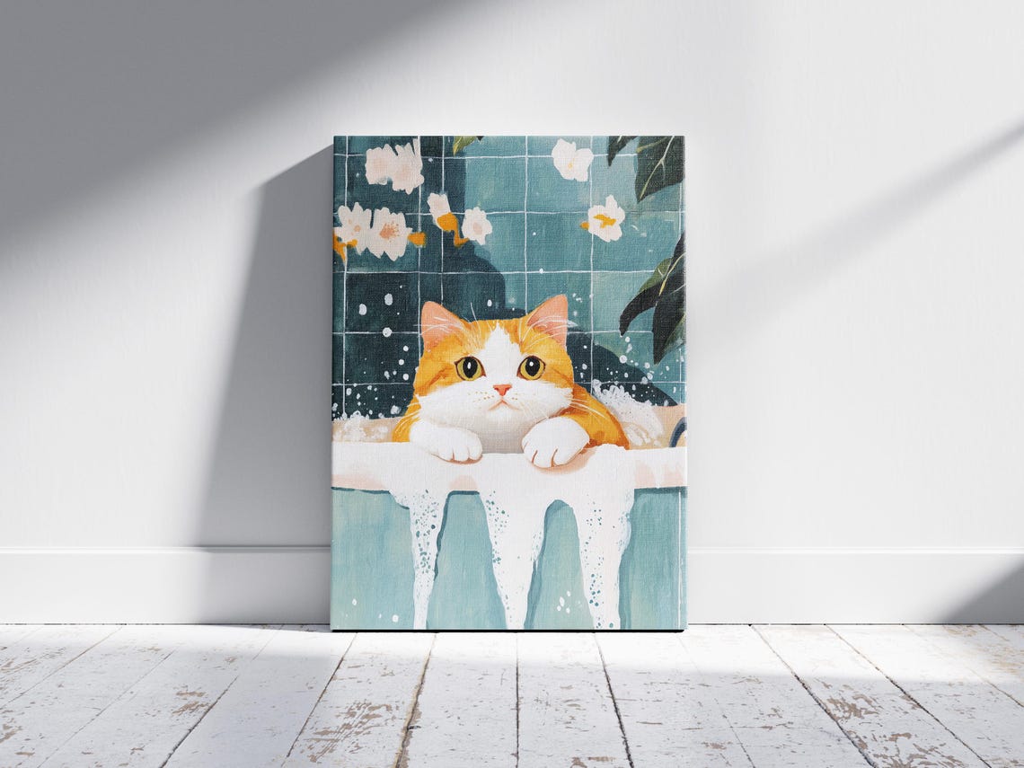 Orange Cat Bubble Bath Foamy Tub Teal Tiles Cute Funny Poster - Image 2