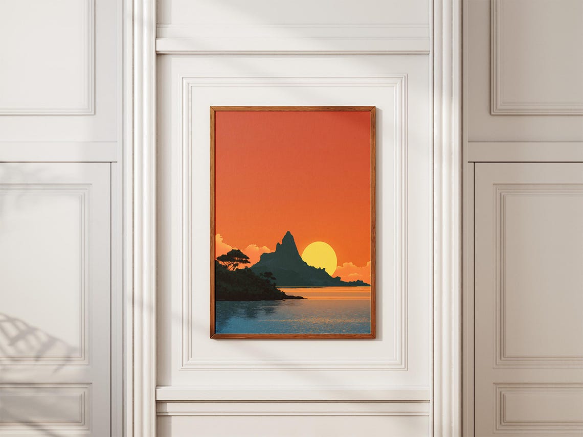 Tropical Island Sunrise Over Ocean Minimalist Sunset Art Poster - Image 2