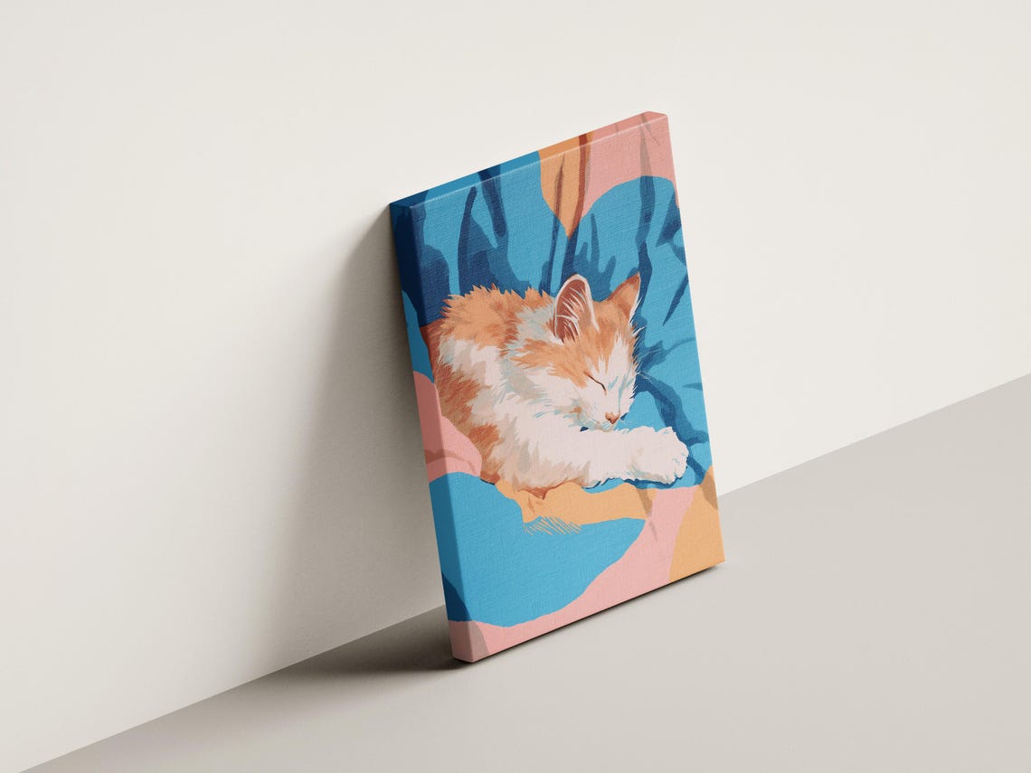 Adorable Sleeping Ginger Kitten Blue Blanket Abstract Art Poster - Image 4