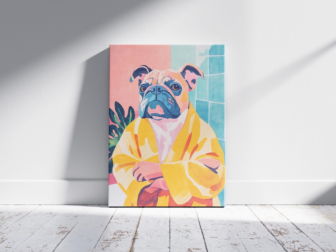 French Bulldog Yellow Bathrobe Colorful Modern Bathroom Dog Art Poster - Image 2