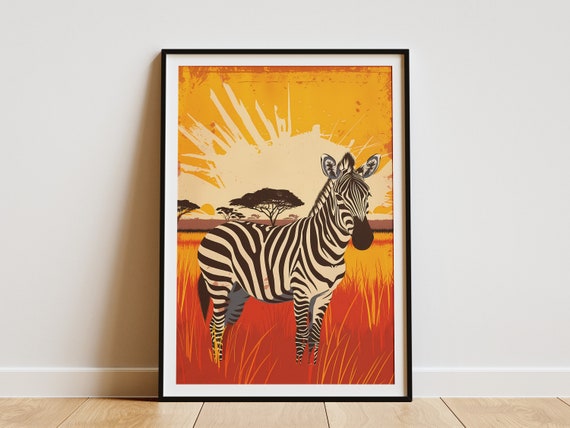 African Zebra Poster Savanna Sunset Wall Art Animal Print Vintage Travel Poster Wildlife Art