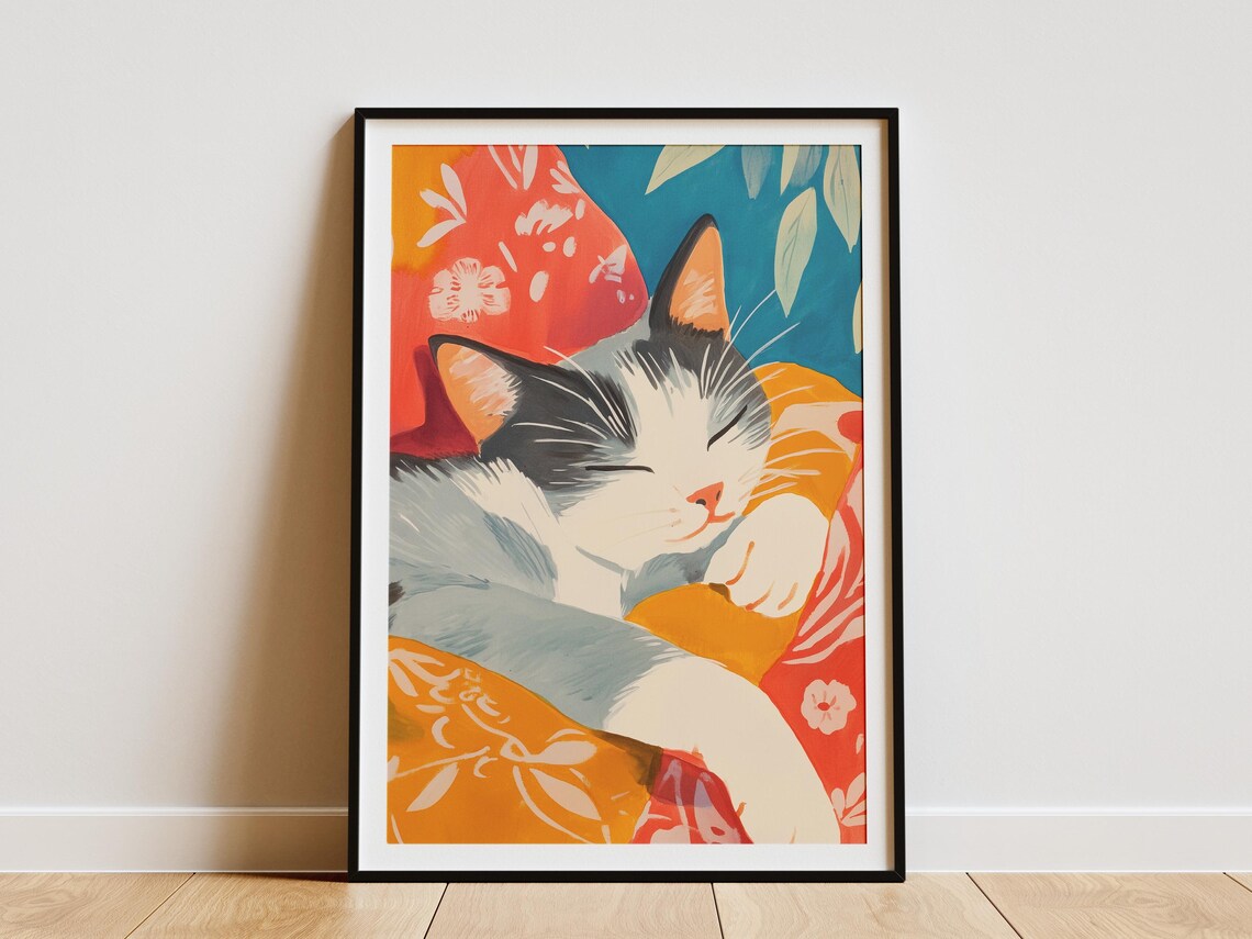 Sleeping Gray Cat on Floral Bed Matisse Style Colorful Art Poster
